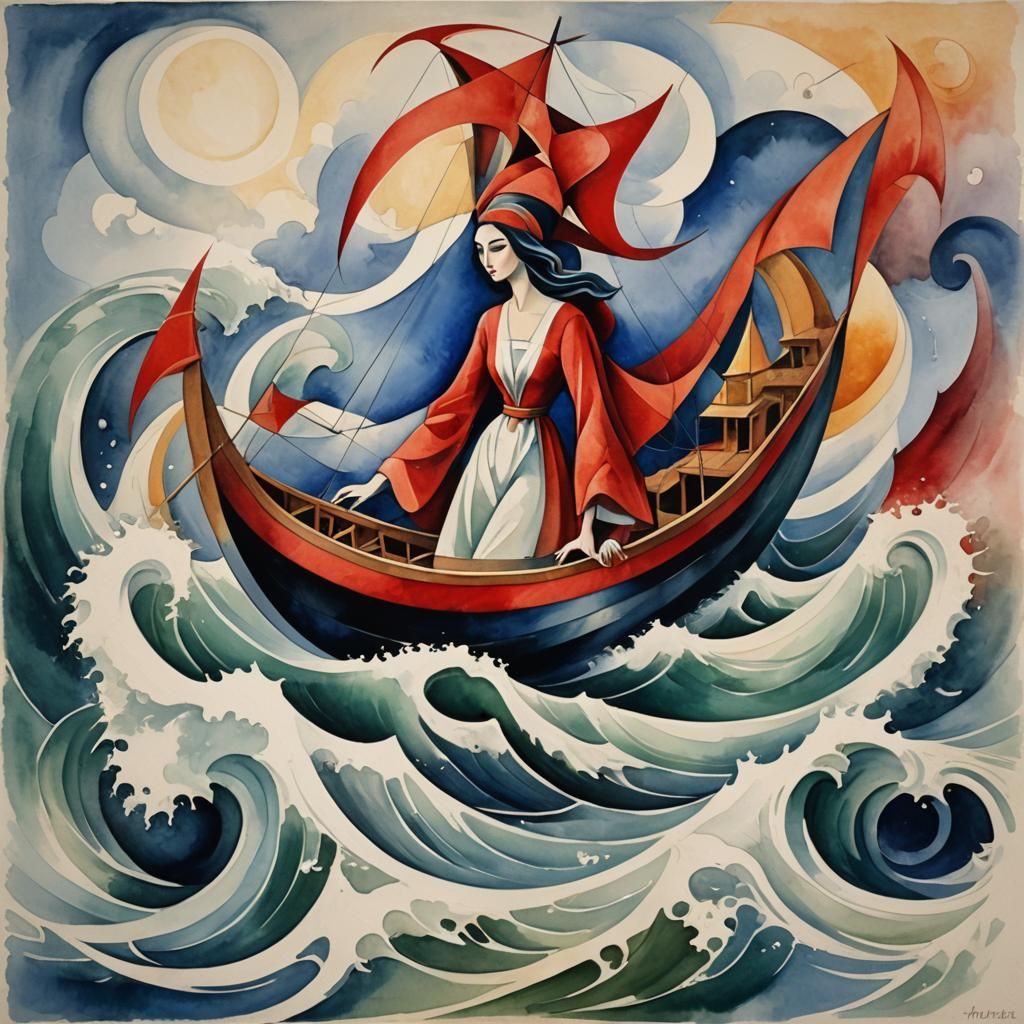 Red Witch Conjuring Magic on a Boat