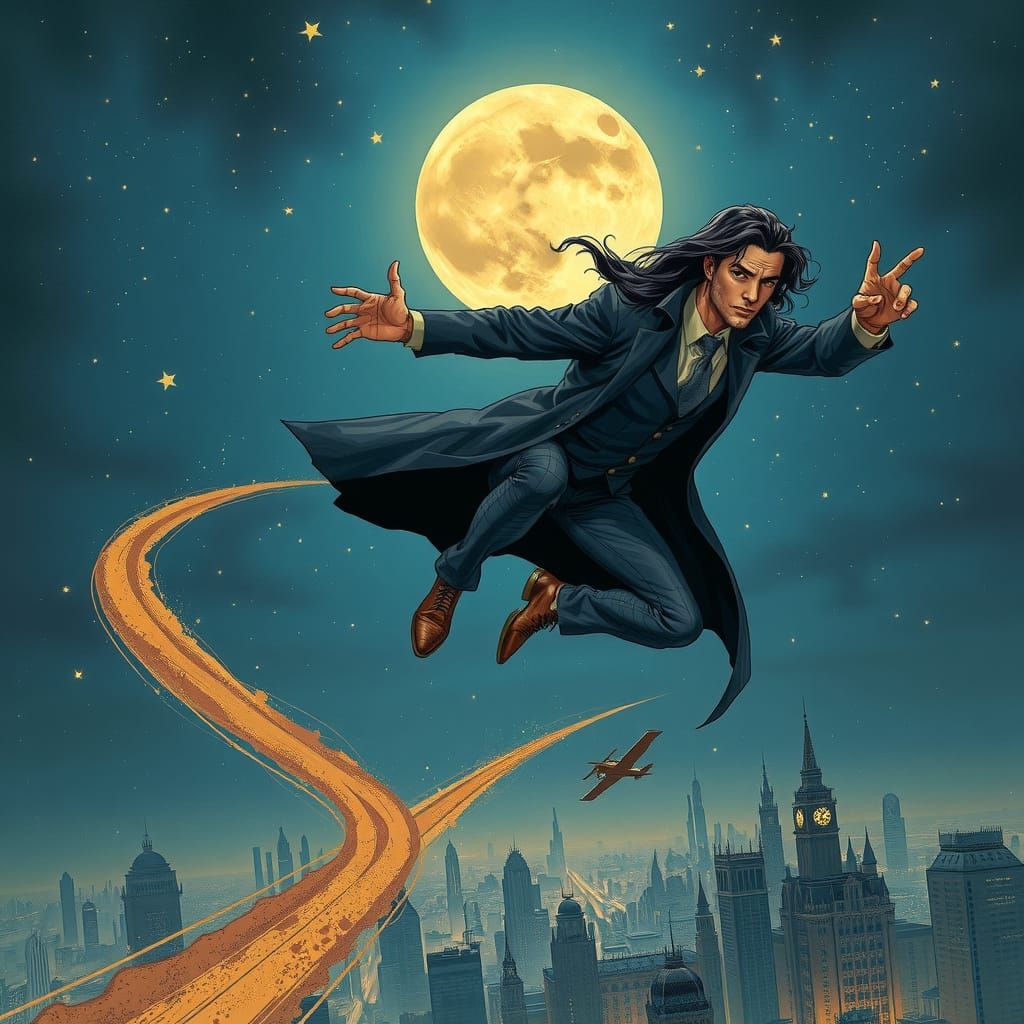 Sandman Soaring Through Starry Sky in Gothic Style