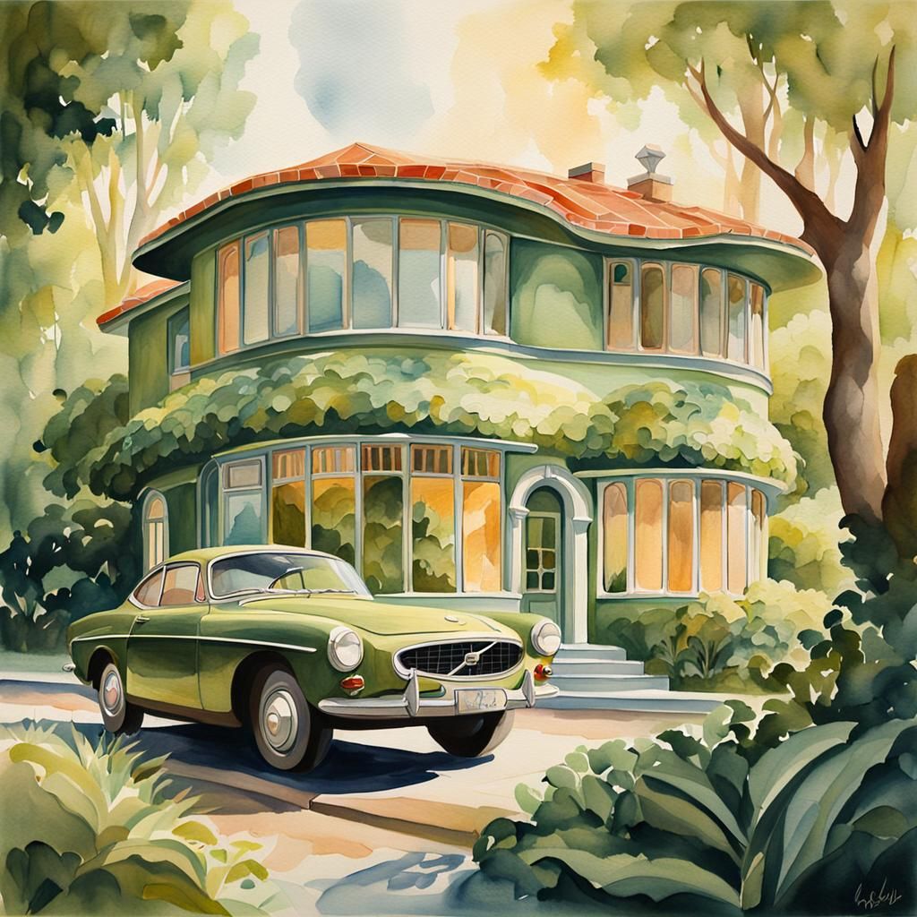 Art Deco House with Volvo, Watercolor and Oil Painting