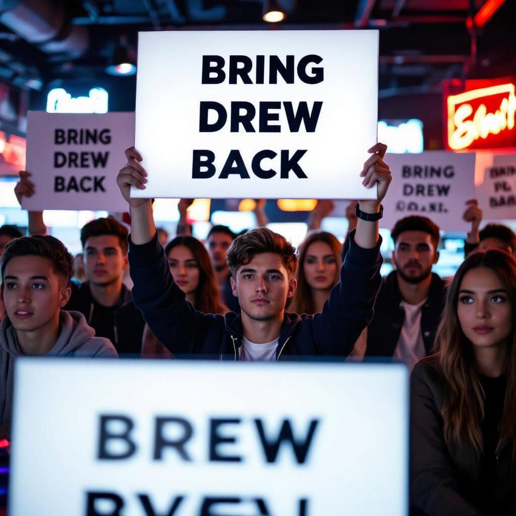 Gamers Protest "Bring Drew Back" in Neon Cafe