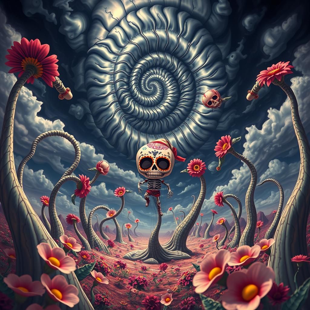 Surreal Landscape with Elastic Flora and Sugar Skull