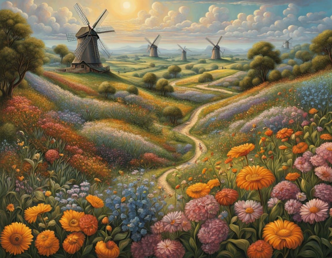 Surreal Landscape Oil Painting with Windmills and Flowers