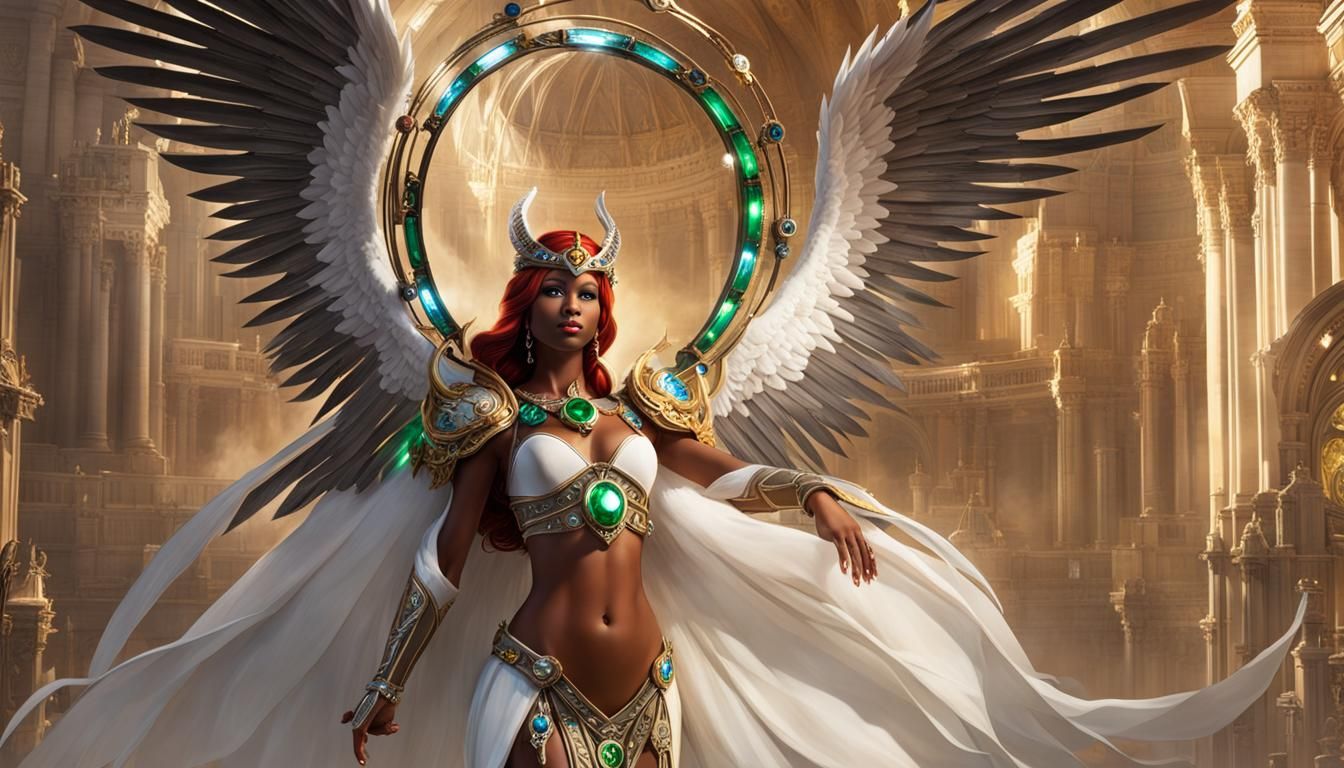 Angelic Sorceress with Mechanical Wings and Halo