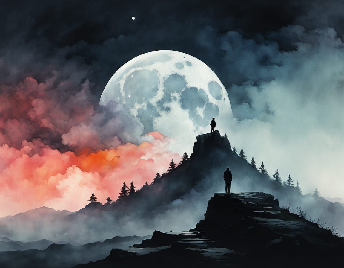 Moonlit Silhouette in Dreamlike Watercolour Style