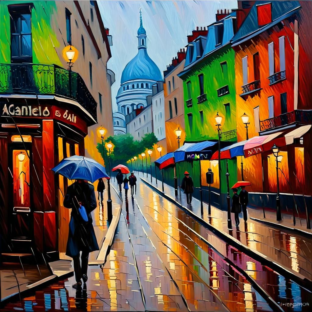 Rainy Montmartre: Neo-Impressionist Oil Painting