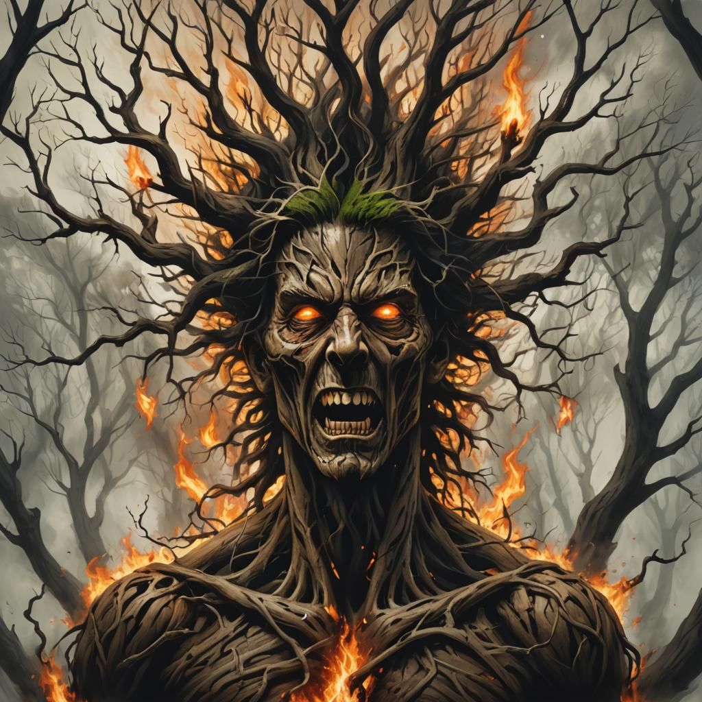 Tree-Man Portrait with Burning Branches in Digital Art