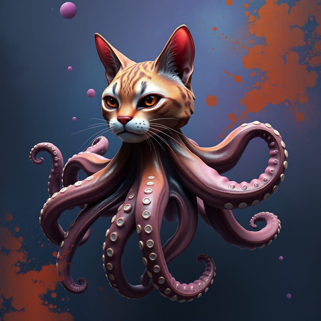 Majestic Cat-Octopus Hybrid in Iridescent Blues and Purples