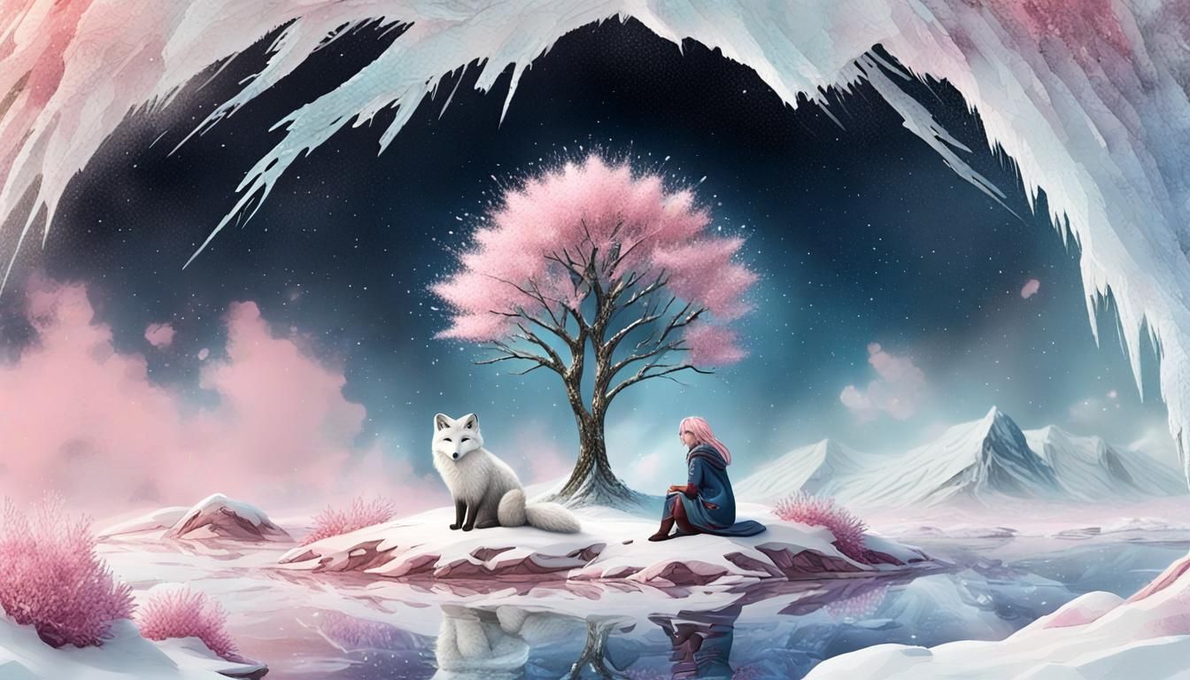 Snowy Arctic Fox Girl: Neo-Impressionist Style