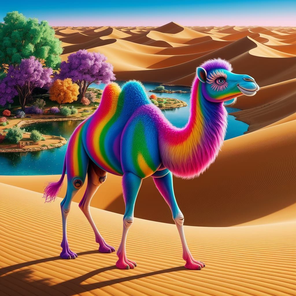 Rainbow Camel in Shimmering Golden Desert Oasis