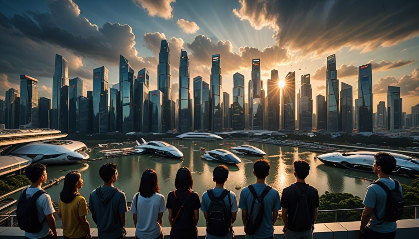 Diverse Students Gaze Up at Futuristic Singaporean Cityscape