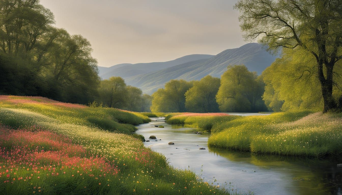 Idyllic Spring Meadow Unfolds Along Gentle River