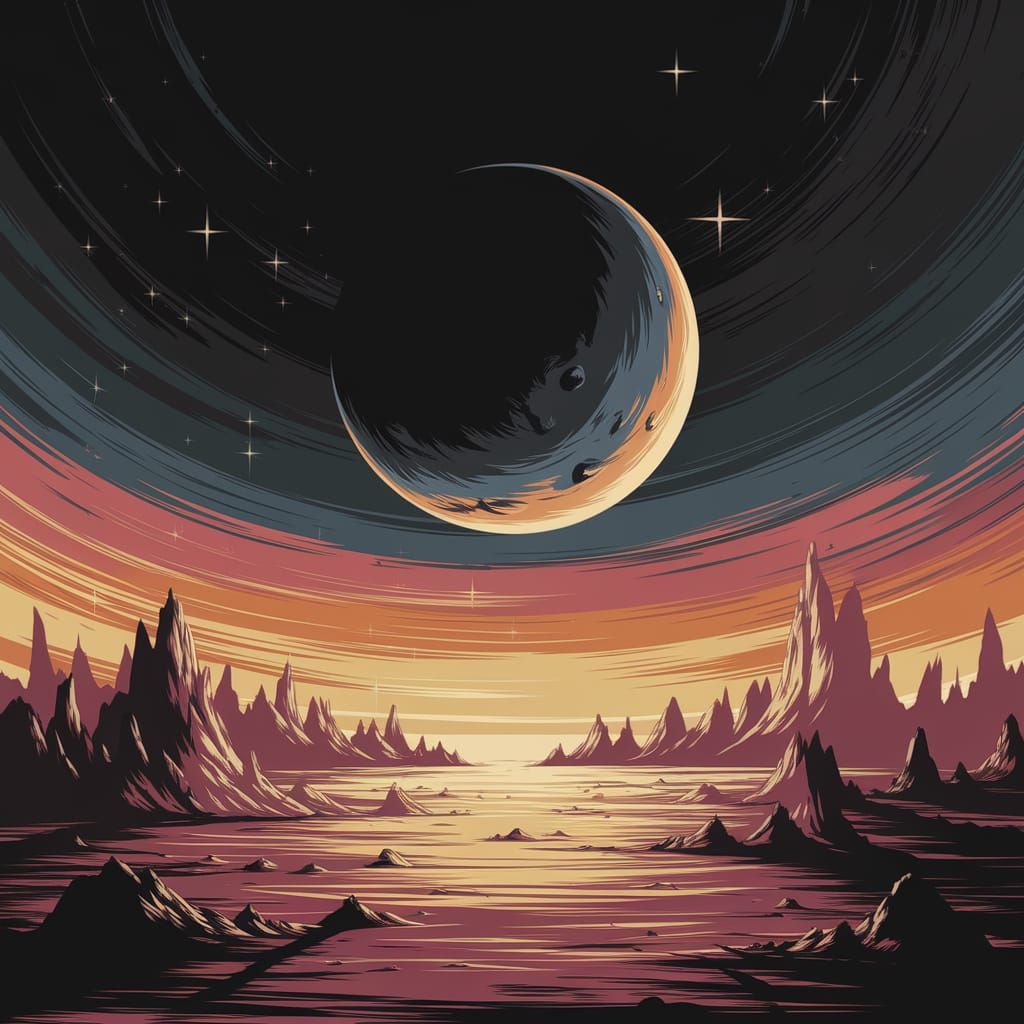 Ethereal Black Moon Over Desolate Alien Planetscape