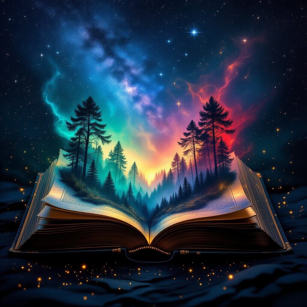 Ancient Book with Glowing Pages and Mystical Forest