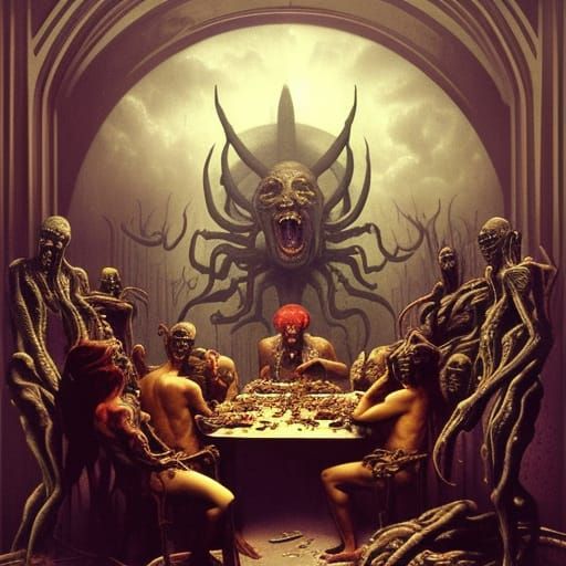 Cenobite monsters eating a feast