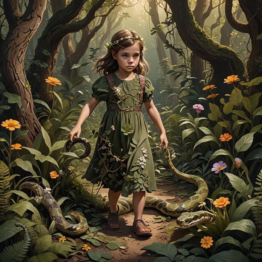 Girl in Forest Picking Flowers: Detailed Matte Painting