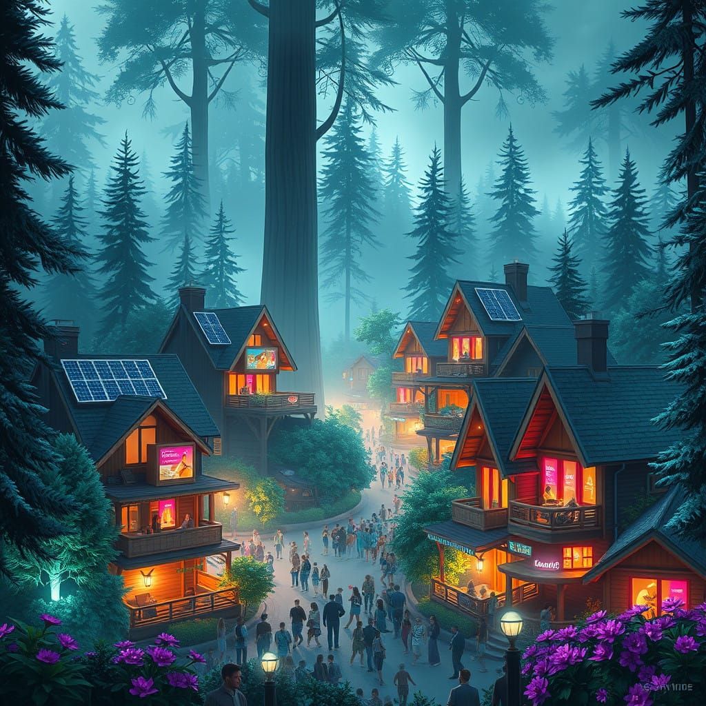 Cyberpunk Summer Solstice Festival in a Futuristic Misty For...