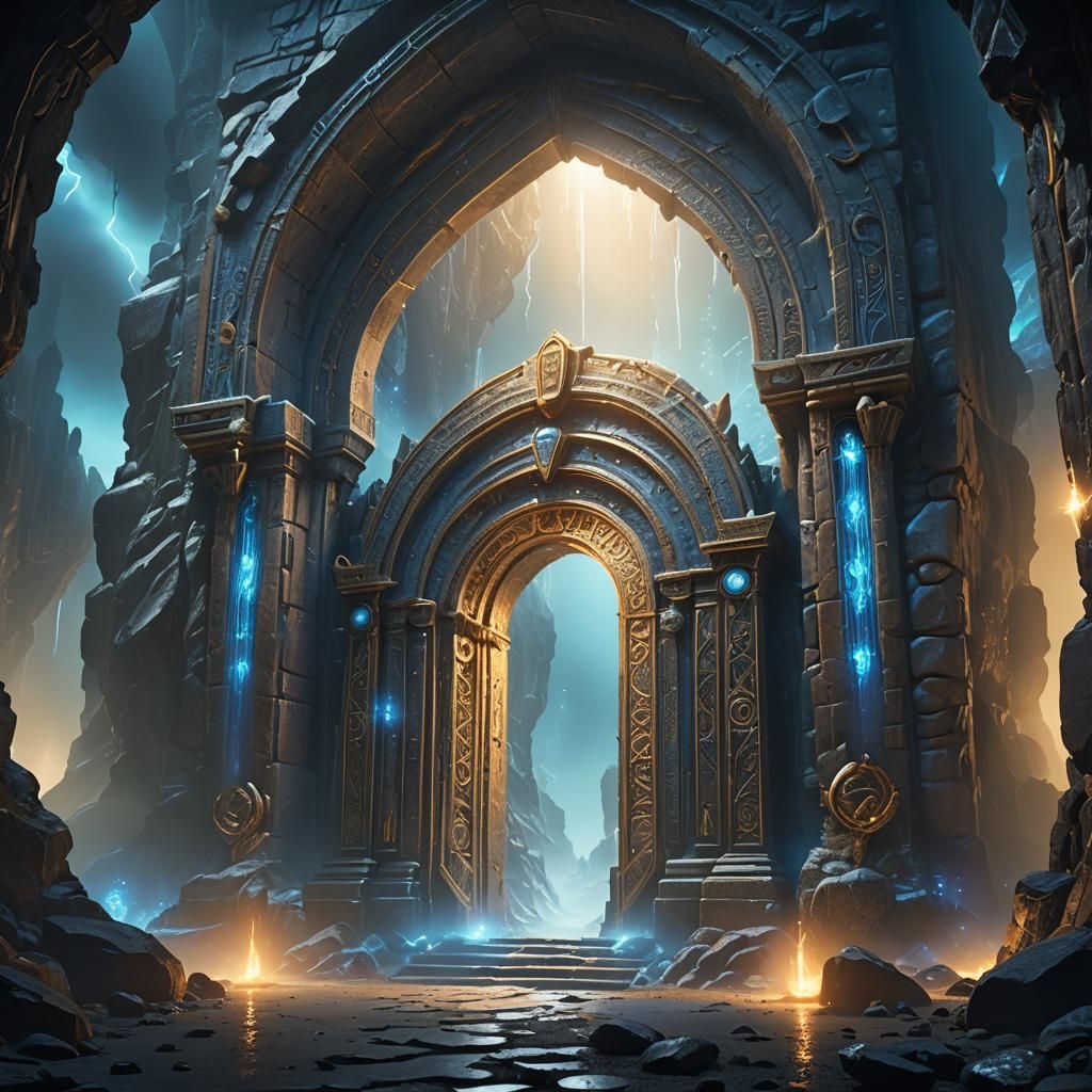 Mystical Cavern: Alien Gate Portal with Shimmering Light