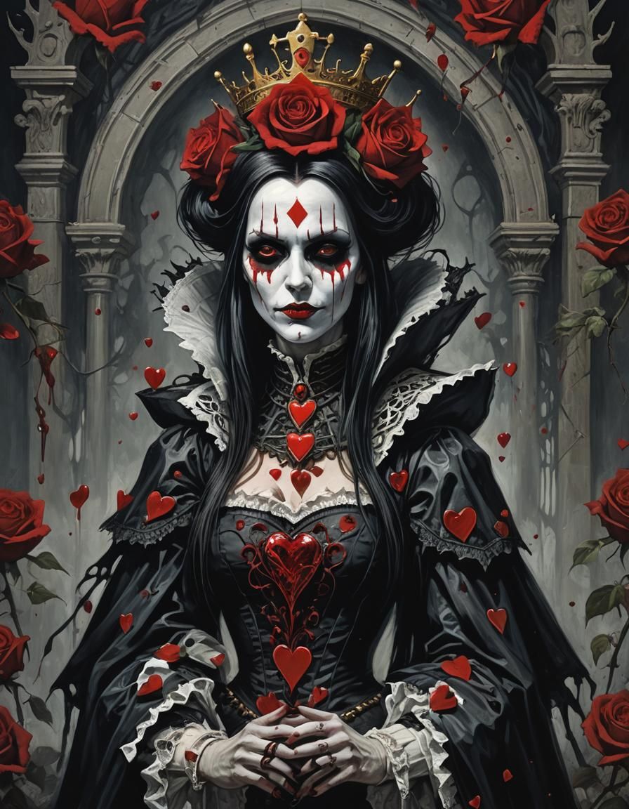 Gothic Horror Queen of Hearts with Bleeding Roses