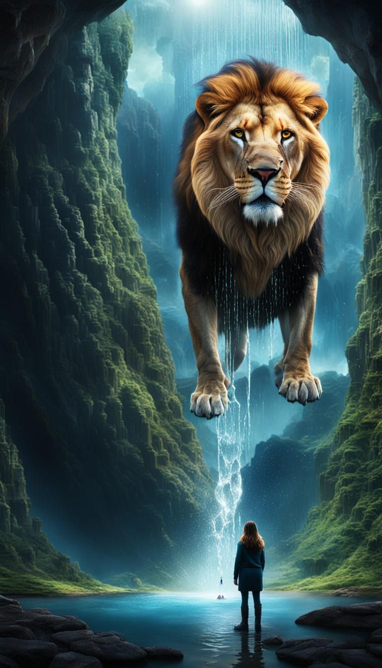 Lion Watches Woman in Water Droplet: Digital Painting