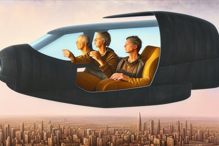 Retrofuturistic Flying Car Over City in Realism Style