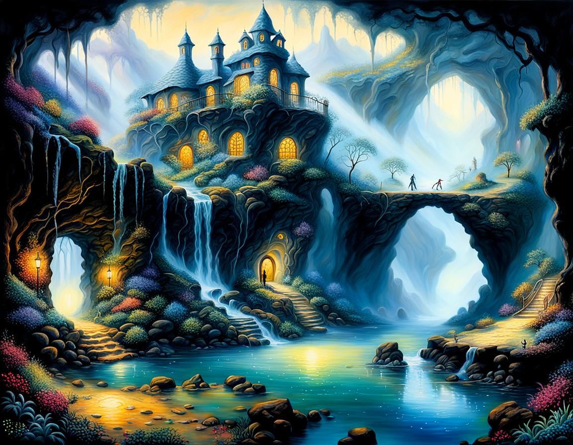 Subterranean Cave Expedition: Ethereal Surrealist Painting