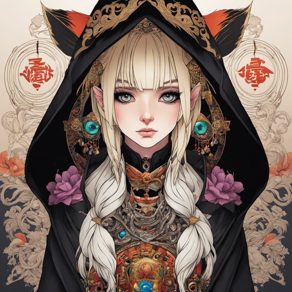 Anime Goth Girl Portrait with Rainbow Eyes