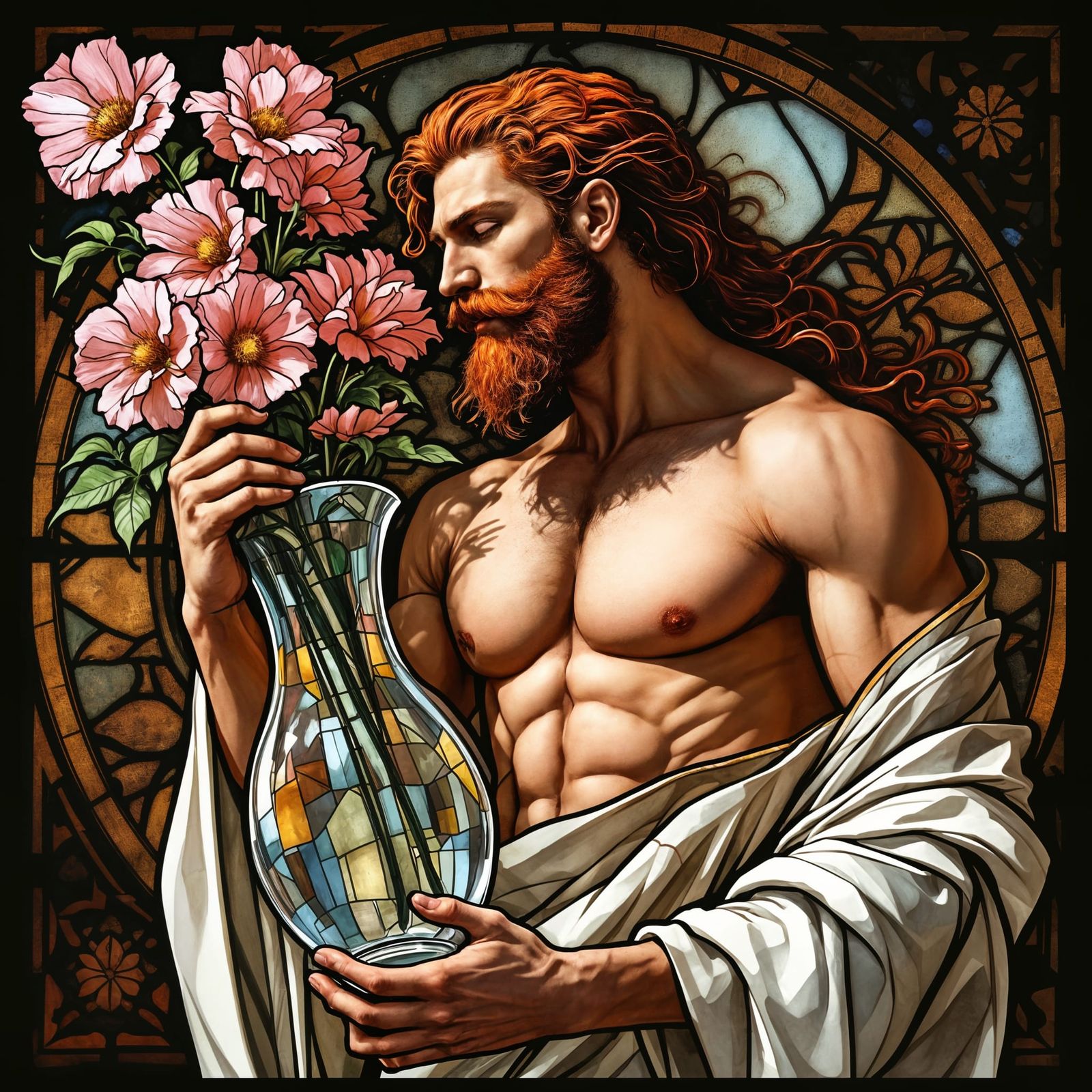 Stained Glass Man with Vase in Art Nouveau Style