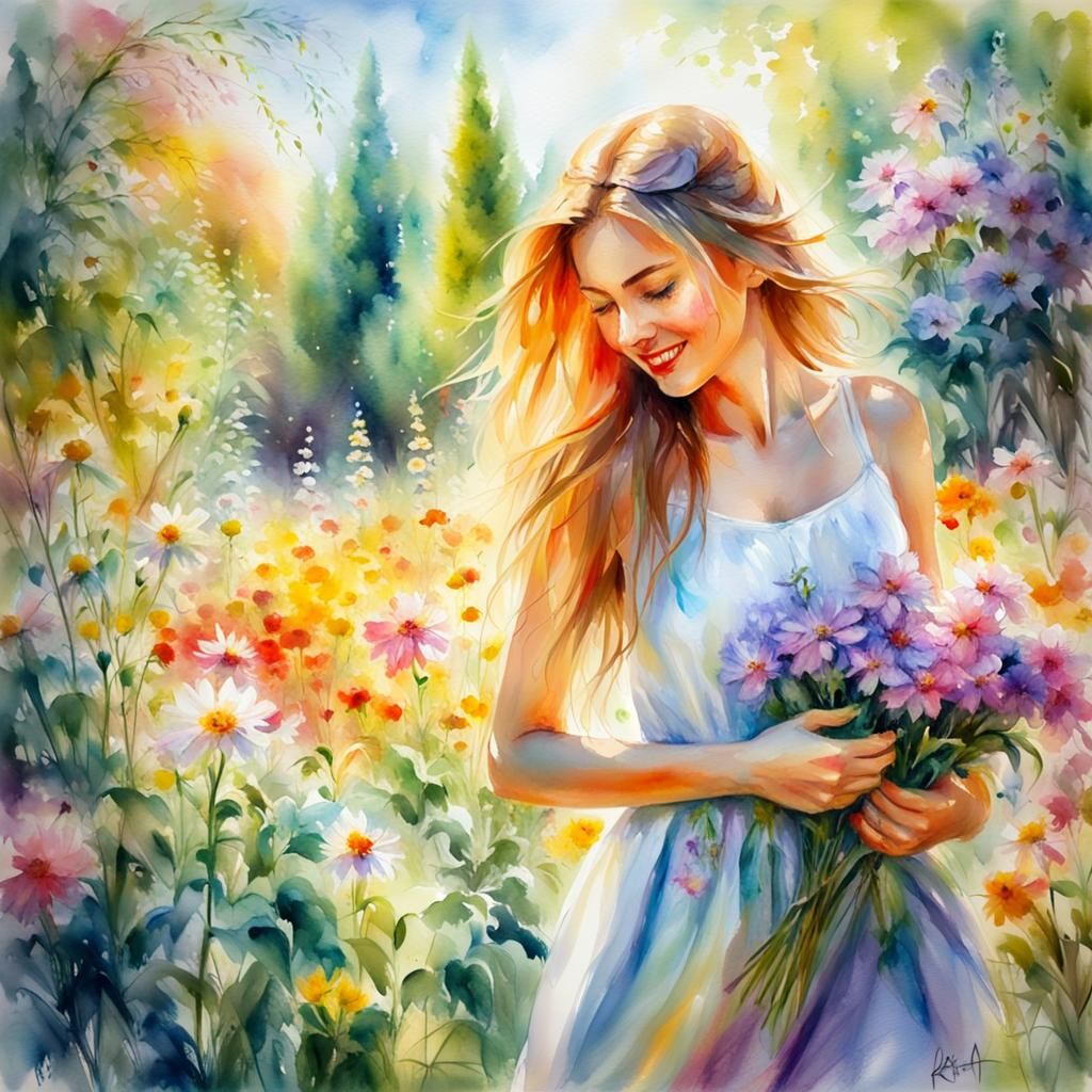 Ethereal Flower Garden Scene in Watercolor Style