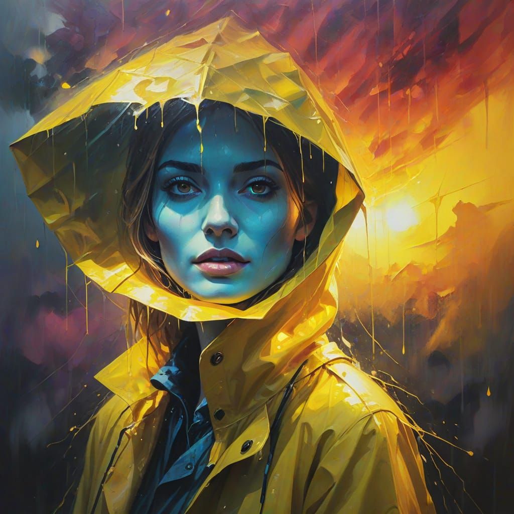 Surreal Figure in Yellow Raincoat Painting