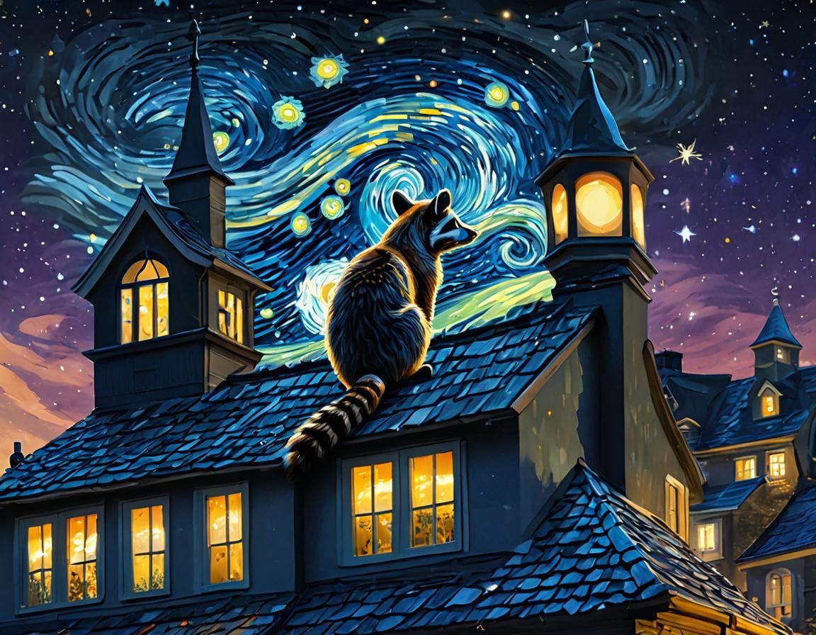 Raccoon Saxophonist in Starry Night Style