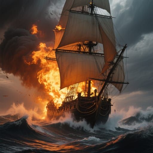 Fiery Tall Ship Versus Tempestuous Waves