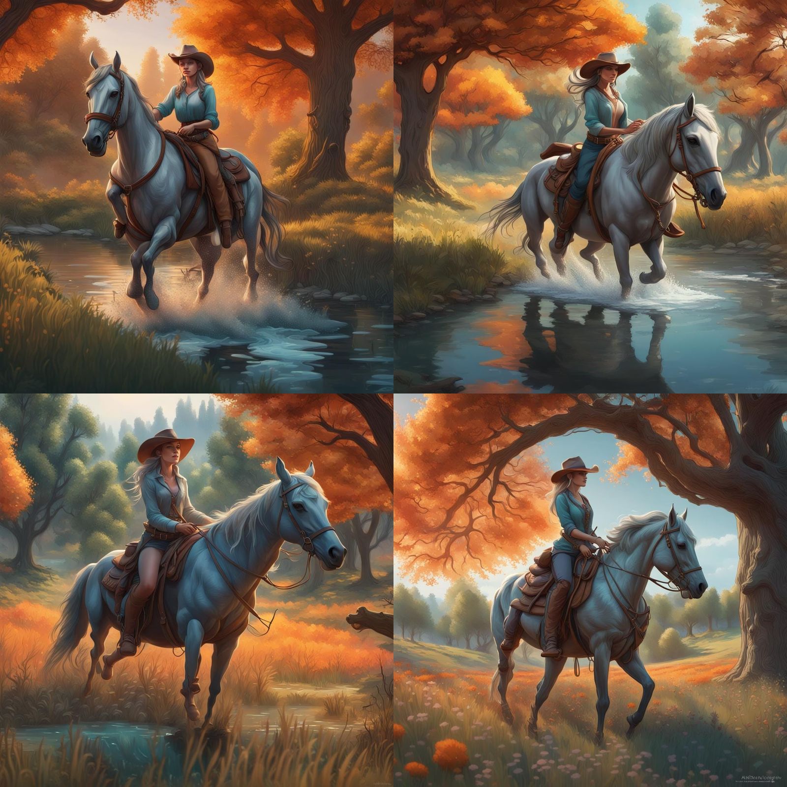 Cowgirl on Horseback in Meadow, Digital Art