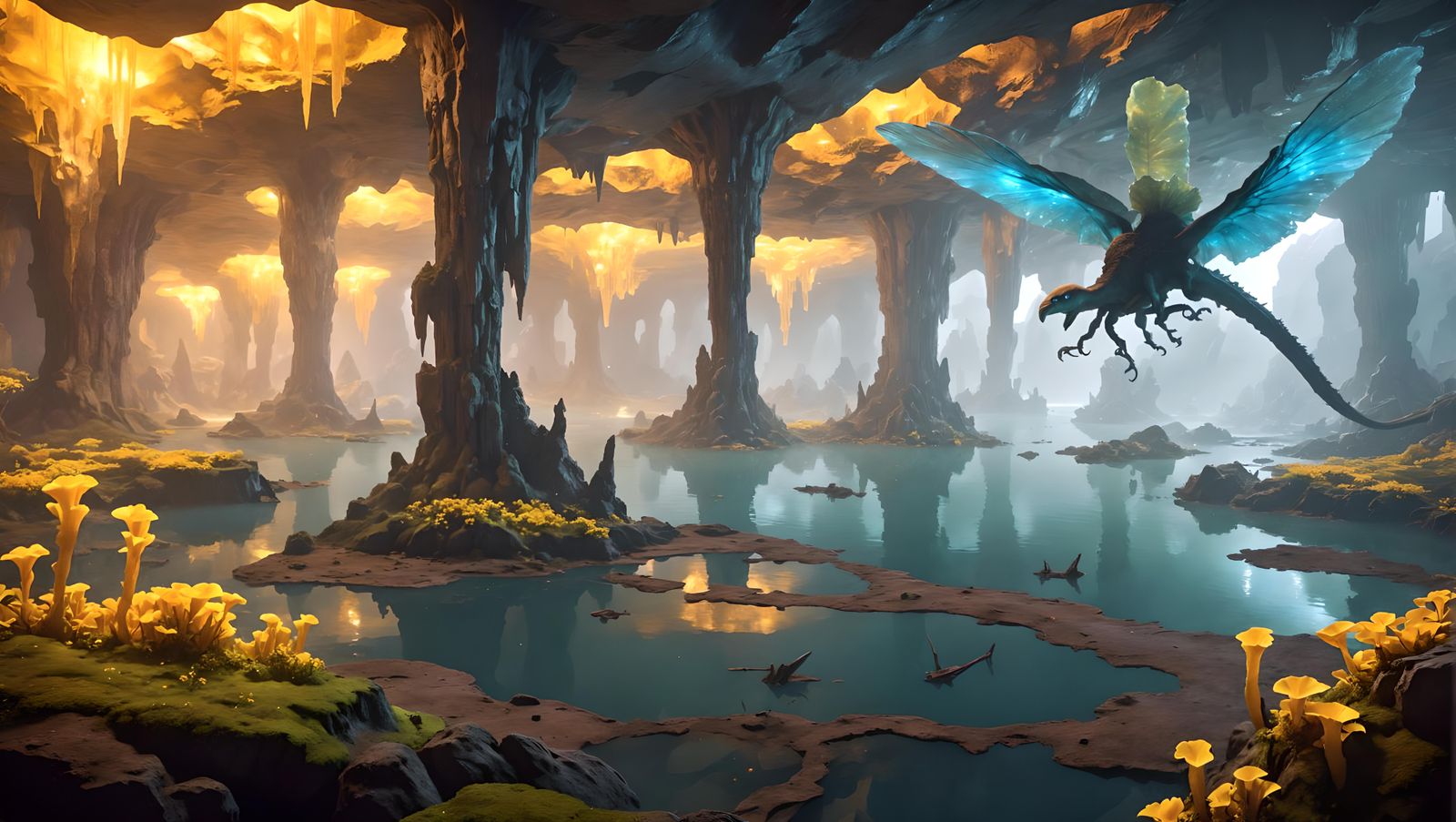 Breathtaking Cavern Landscape with Luminescent Mushroom Fore...