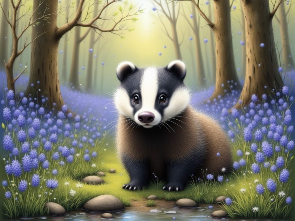 Adorable Badger in Bluebell Forest