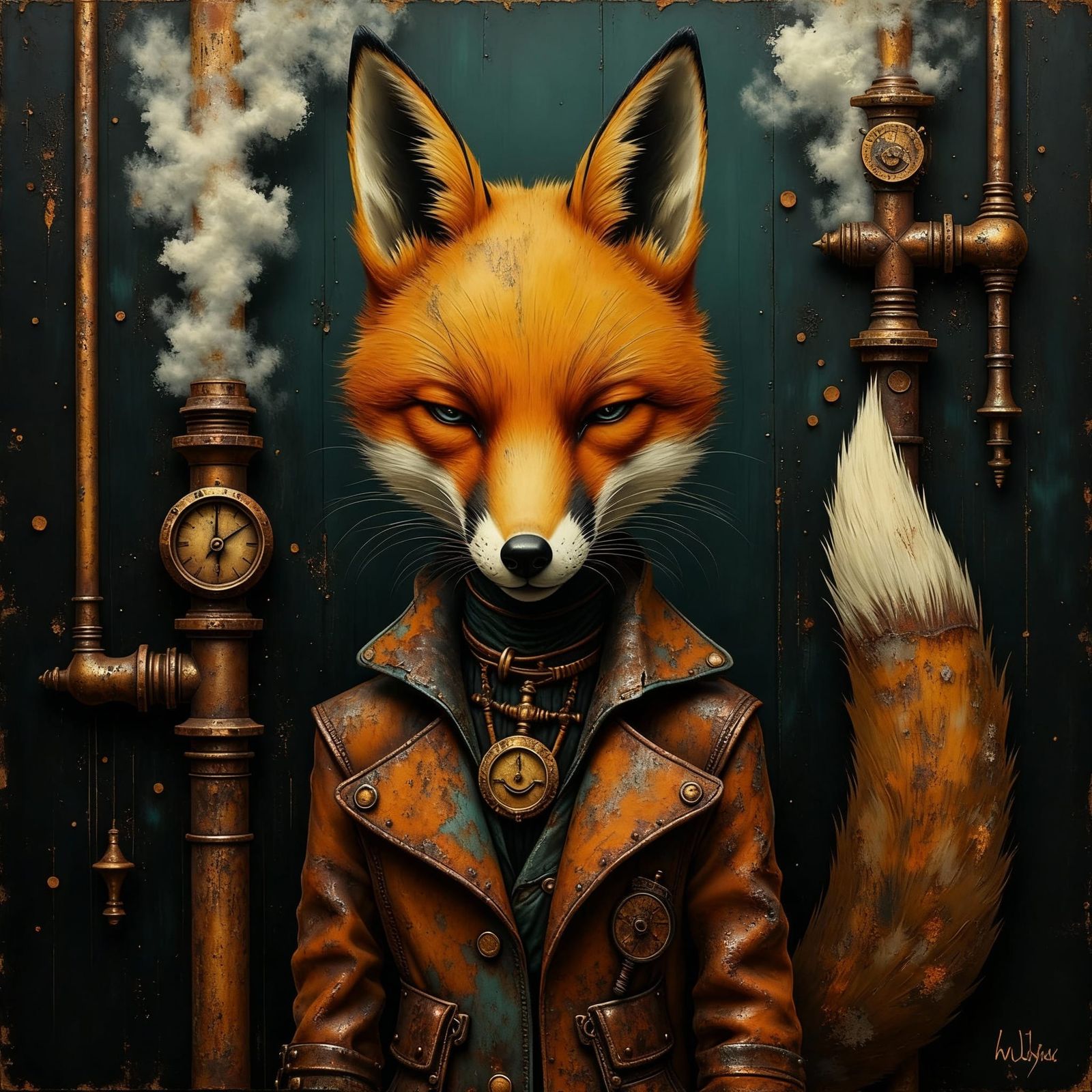 Steampunk Fox in Victorian Style Oil Painting