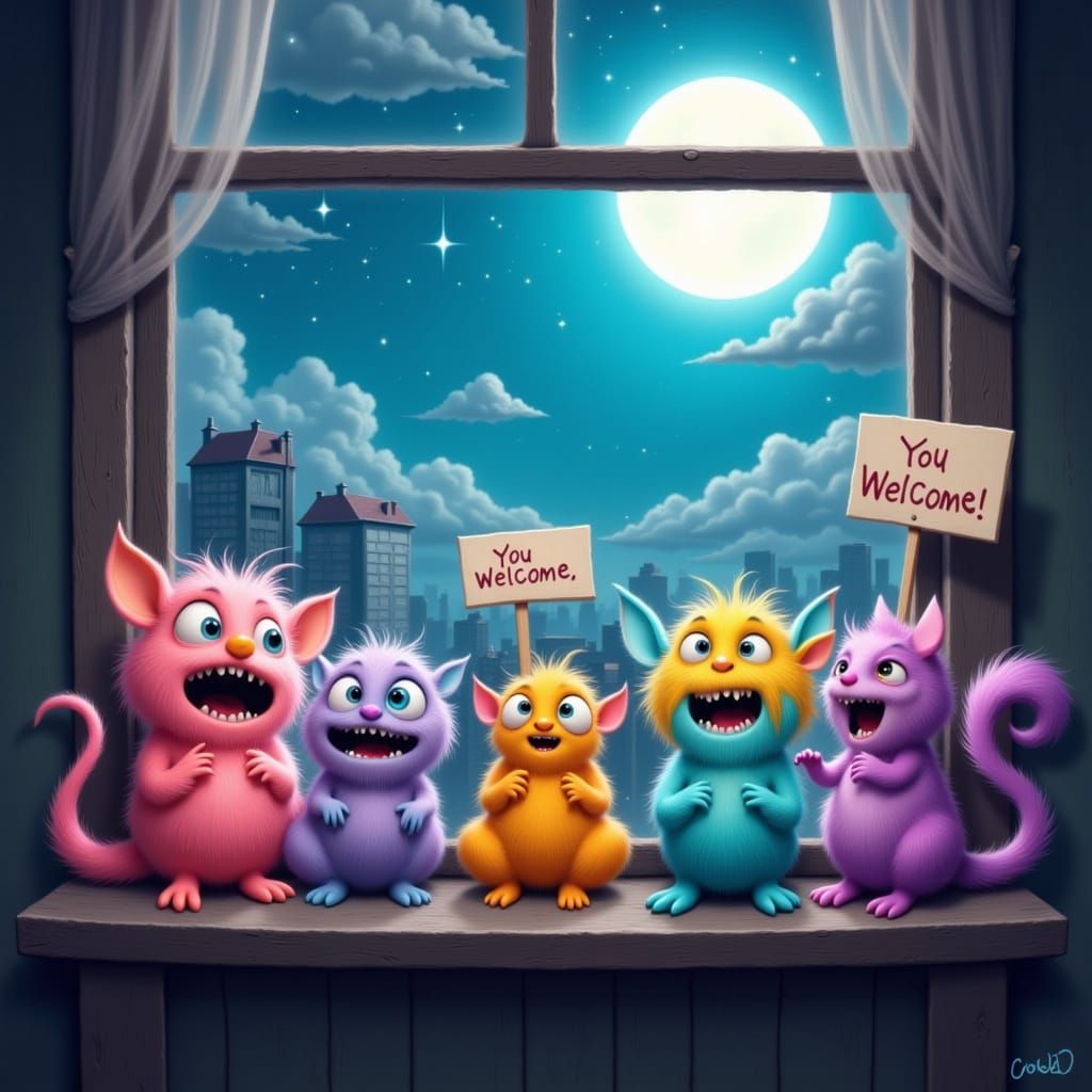 Whimsical Monsters Offer Welcome in Moonlit Fantasy Art
