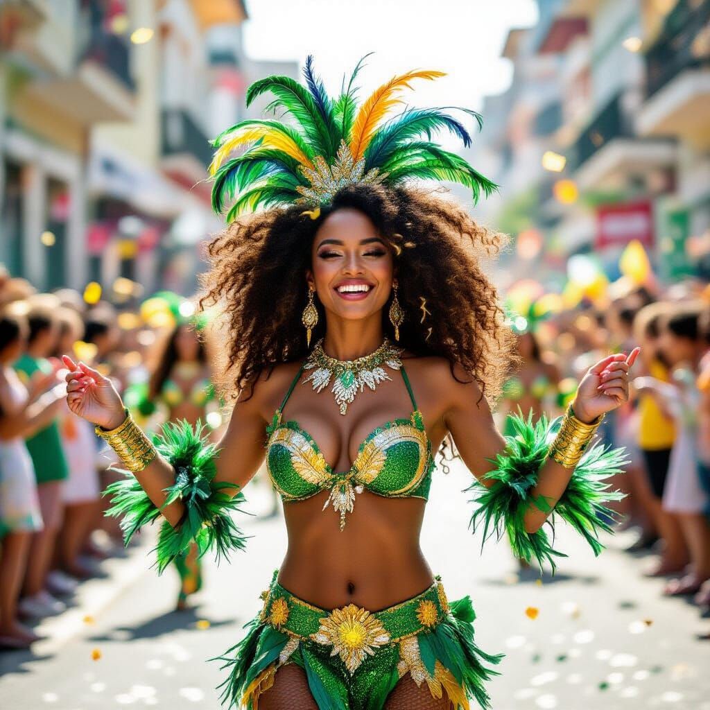 Brazilian Carnival Dancer in Emerald and Gold