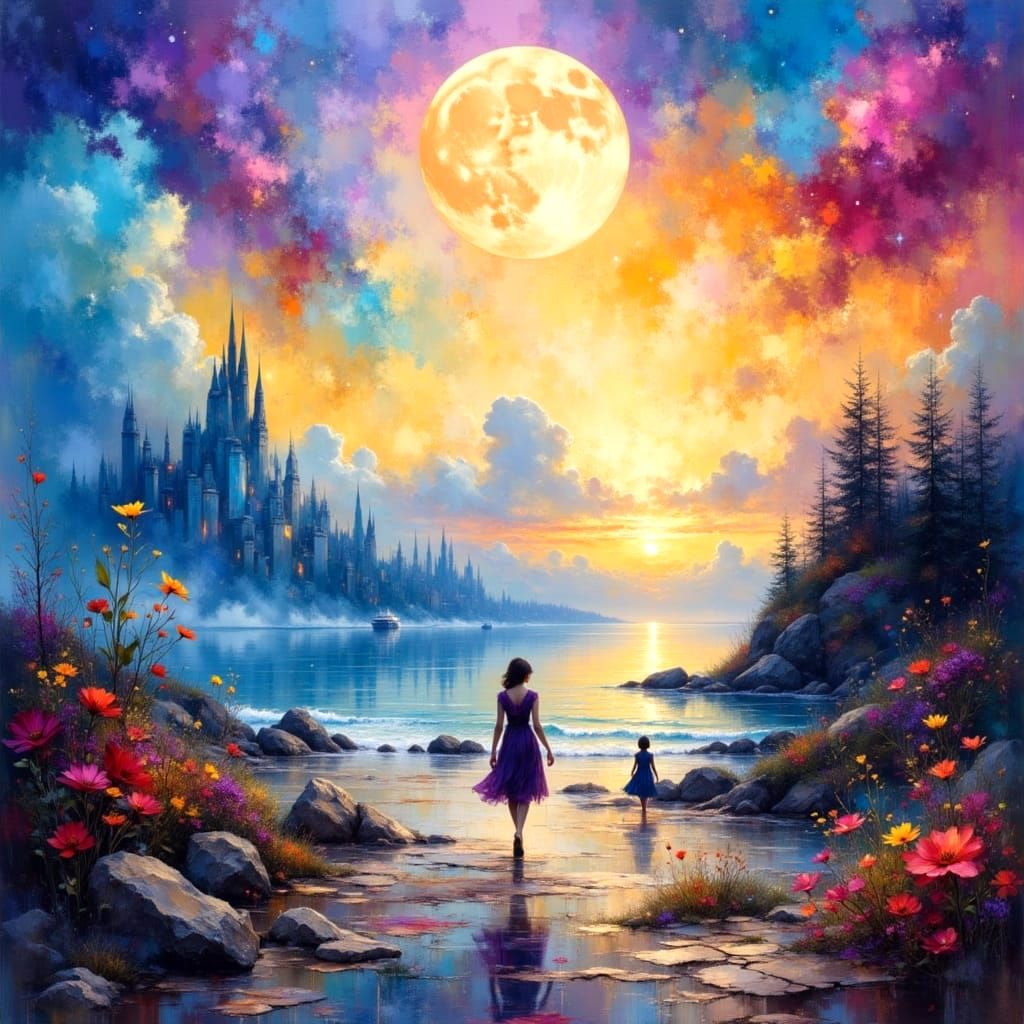 Rainbow Moonlit Landscape in Impasto Oil Painting