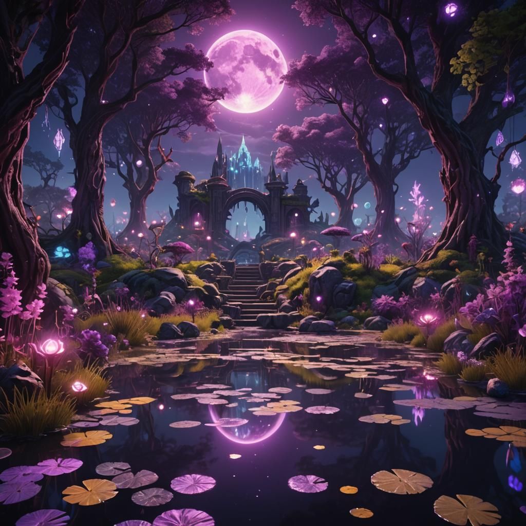 Neon Lit Pond in Detailed Fantasy Garden