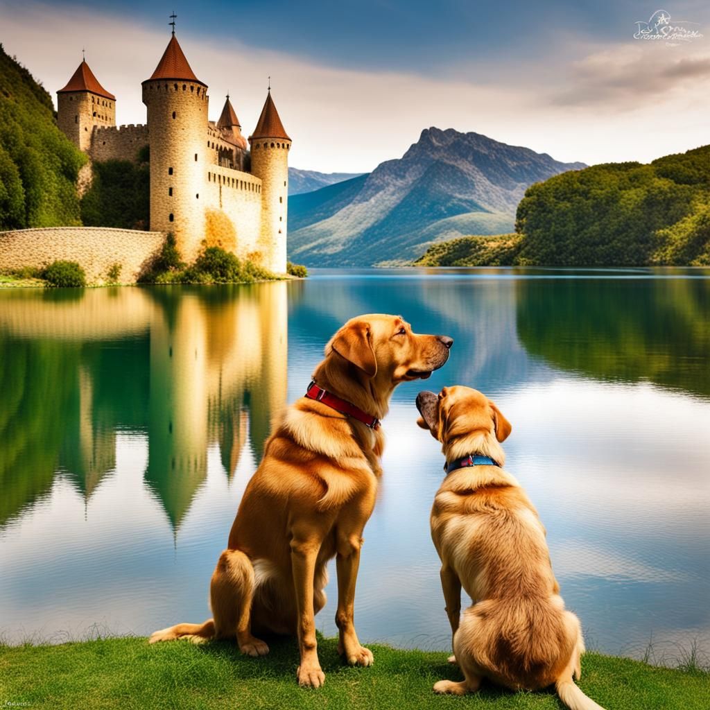 Alpine Castle Radiance with Lake and Labrador