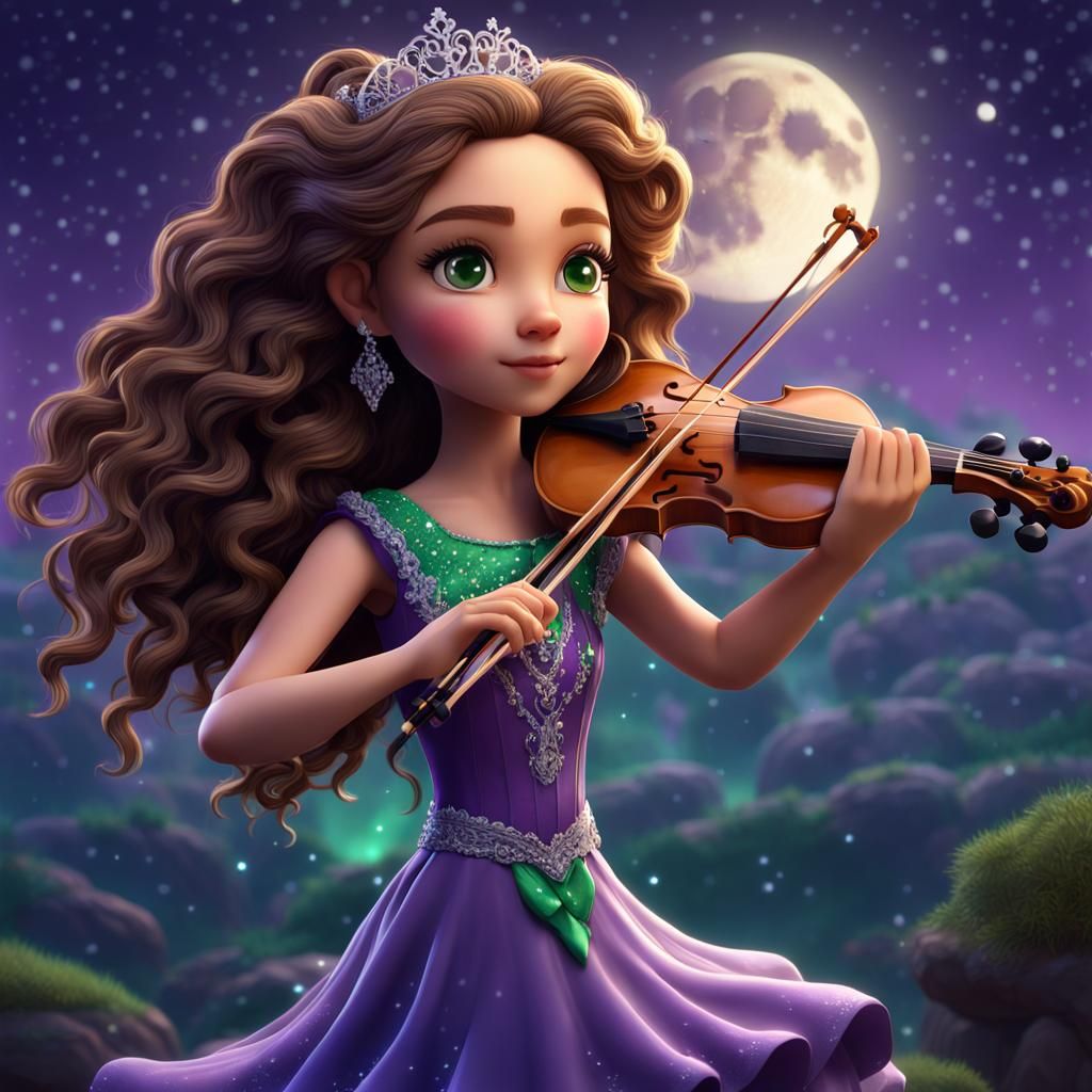 Hyperrealistic Chibi Woman Playing Violin Under Moonlight