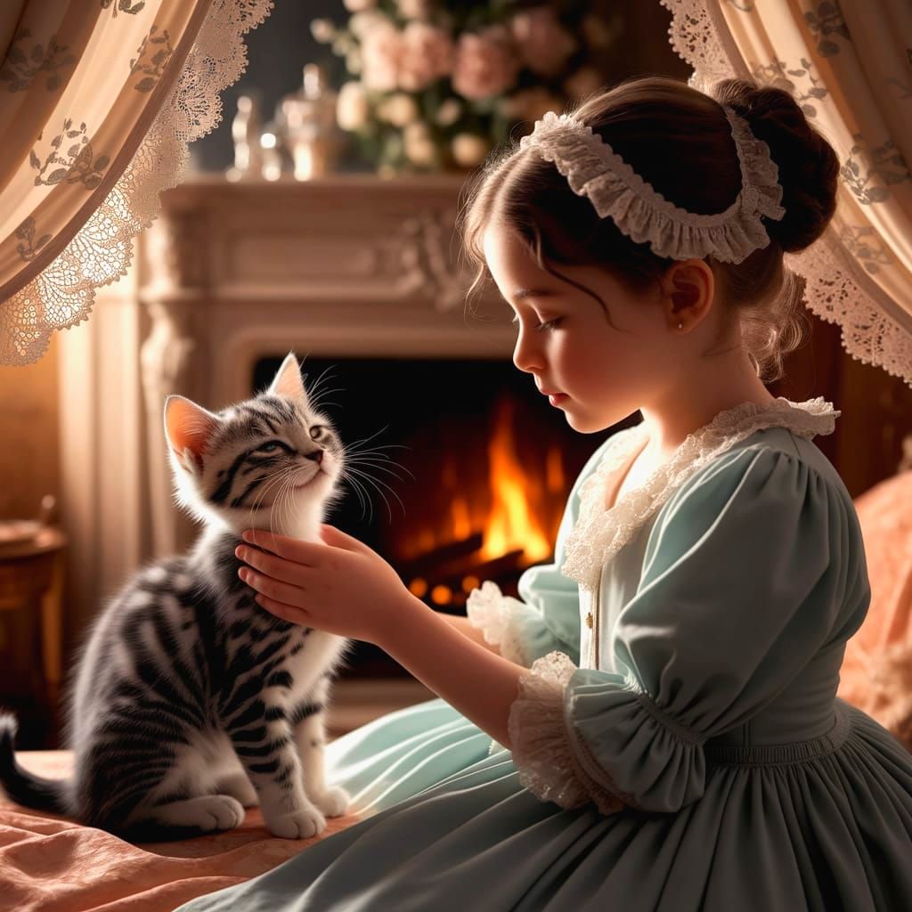 Victorian Girl Petting Kitten in Pastel Parlor