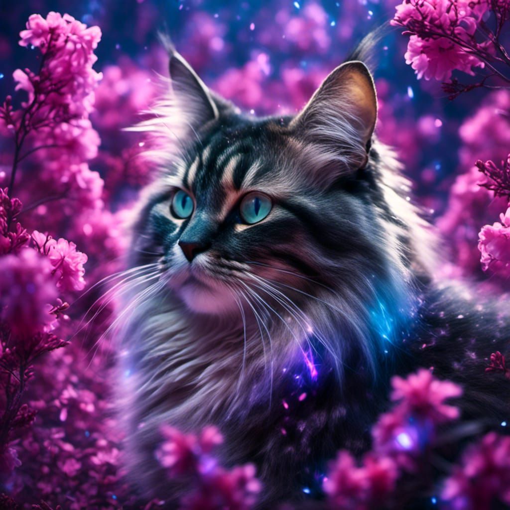 Norwegian Forest Cat in Bioluminescent Flower Field