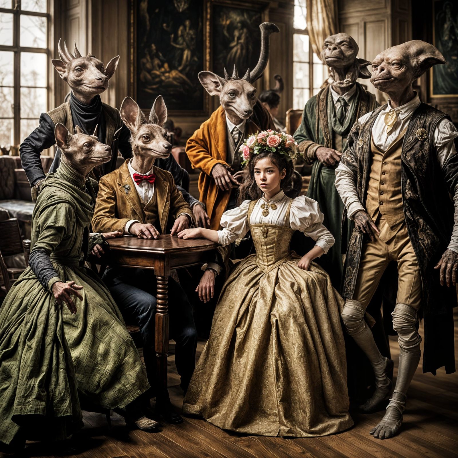 Surreal Restaurant Scene with Exotic Aliens