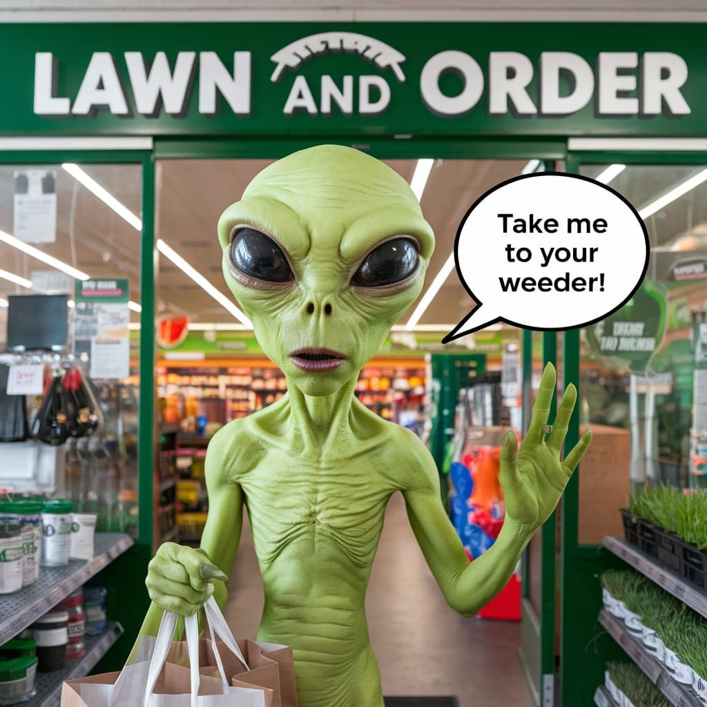 Alien Visits Lawn and Order Store in Search of Gardening Sup...