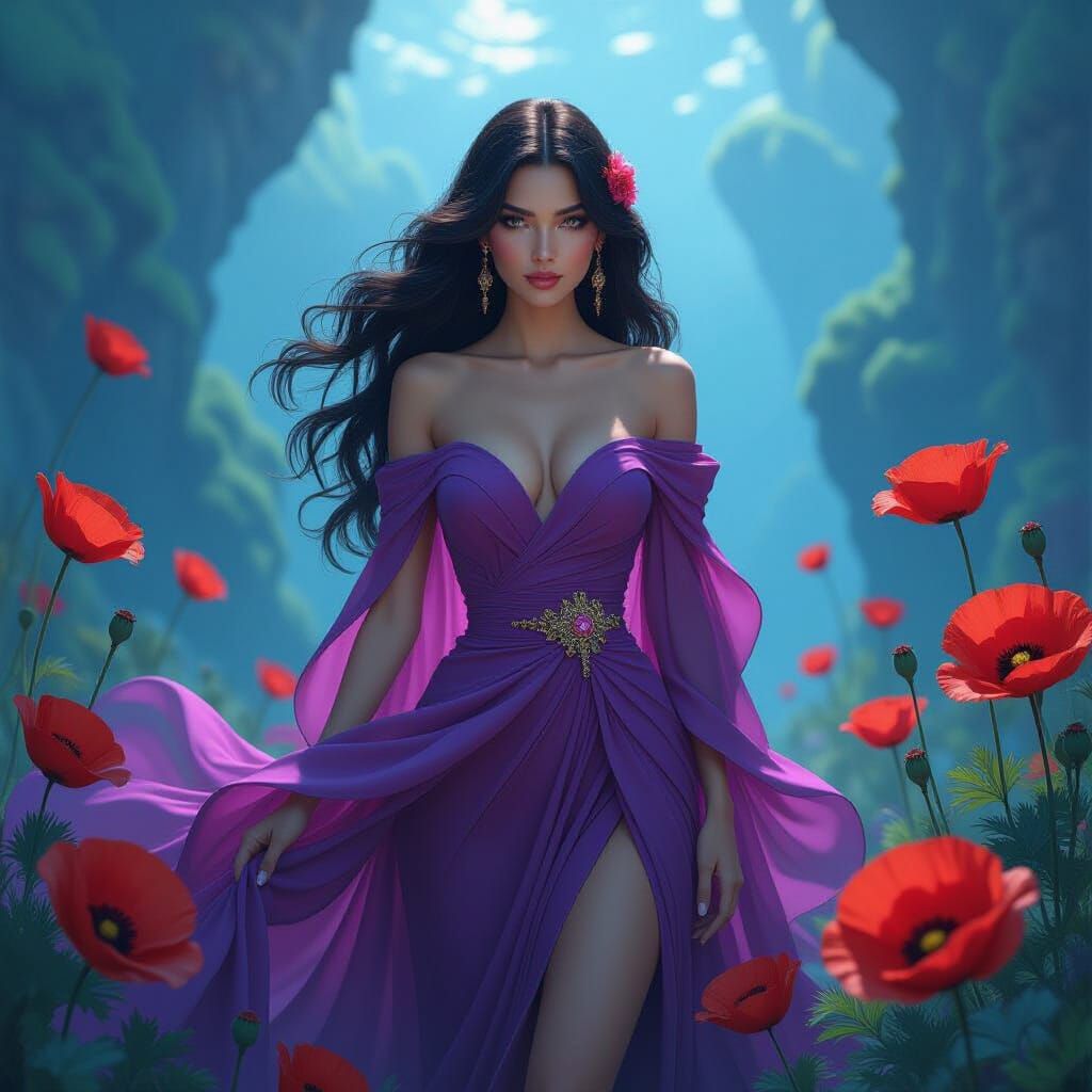 Woman in Poppies: Vibrant Digital Art