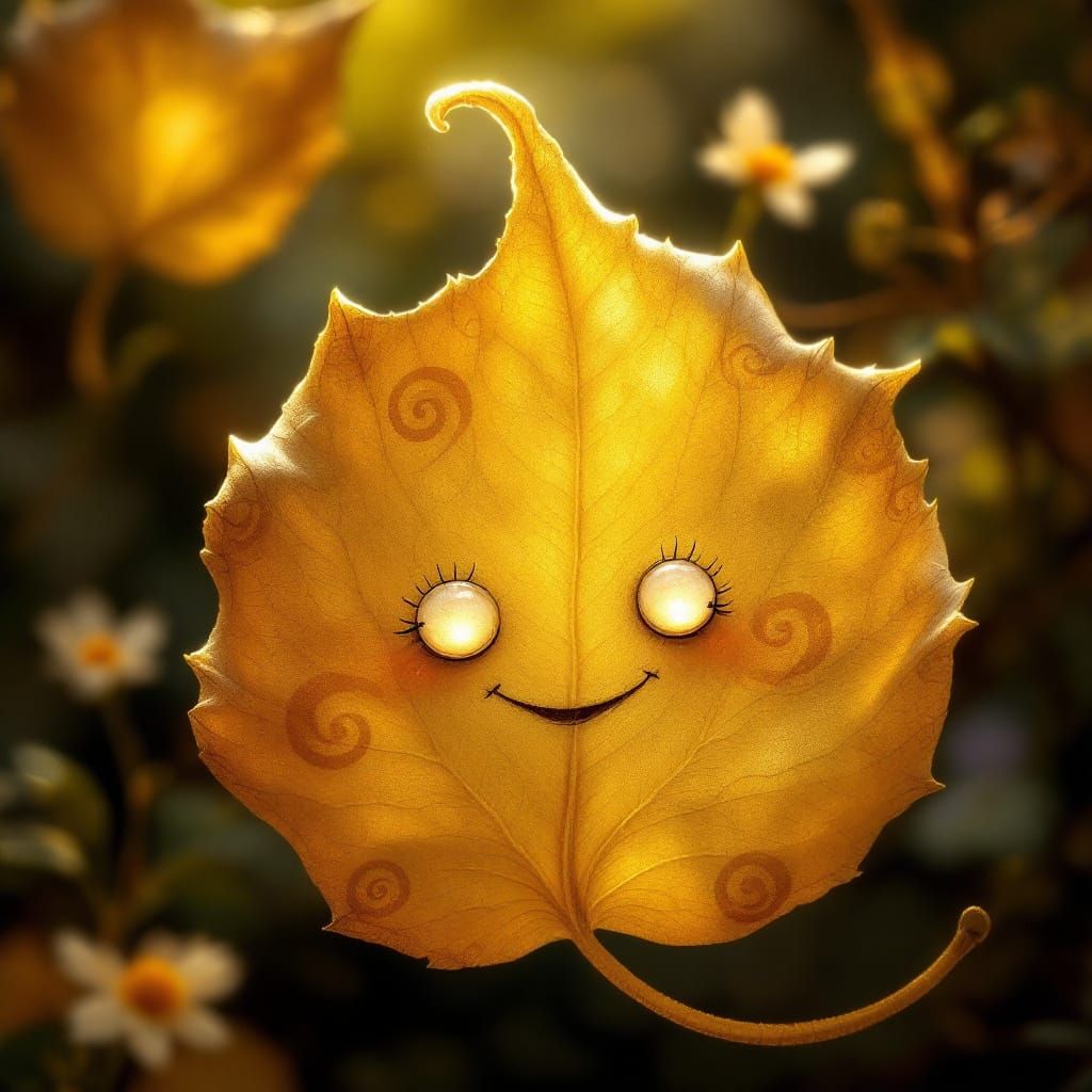 Smiling Leaf in Folk-Art Illustration Style
