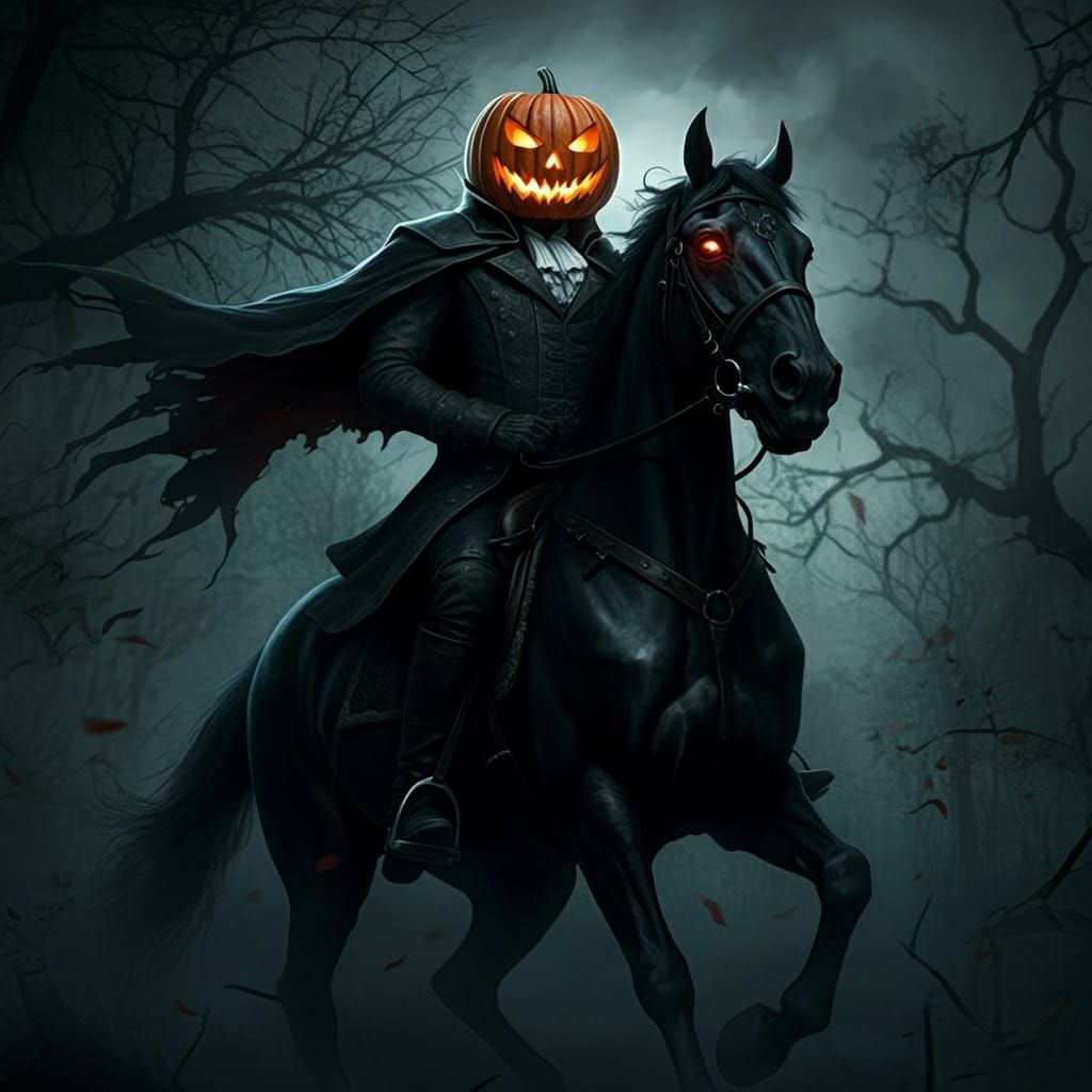 Headless Horseman Rides in Dark Fantasy Landscape