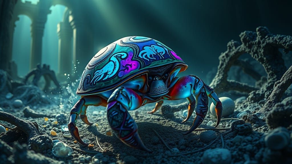 Bioluminescent Crab in Sunken City Ruins