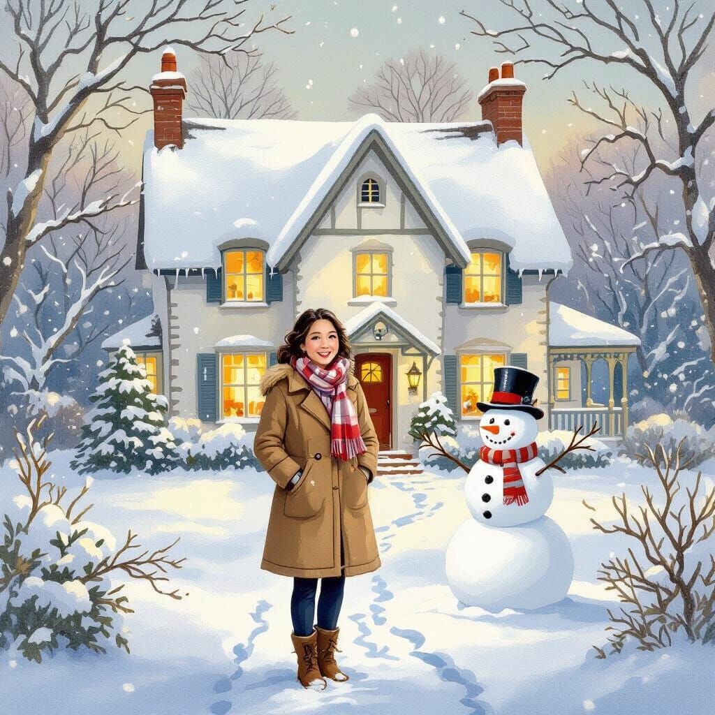 Snowy Winter Scene with Snowman in Illustrative Style